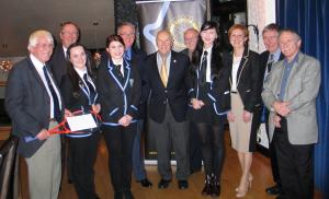 Sarah Kelly, Eilidh Wright, Megan Priestly and Anne McEwan from Dunblane High School with visiting Rotarians for Grangemouth - l-r Bill Strathearn, Iain Mitchell, Colin Bird, Bill Ramsay, John Deans and President iain Smith and speakers host Jim Gardner.